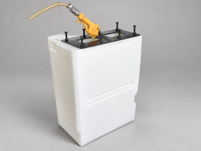 White hydraulic tank with inserts and fittings