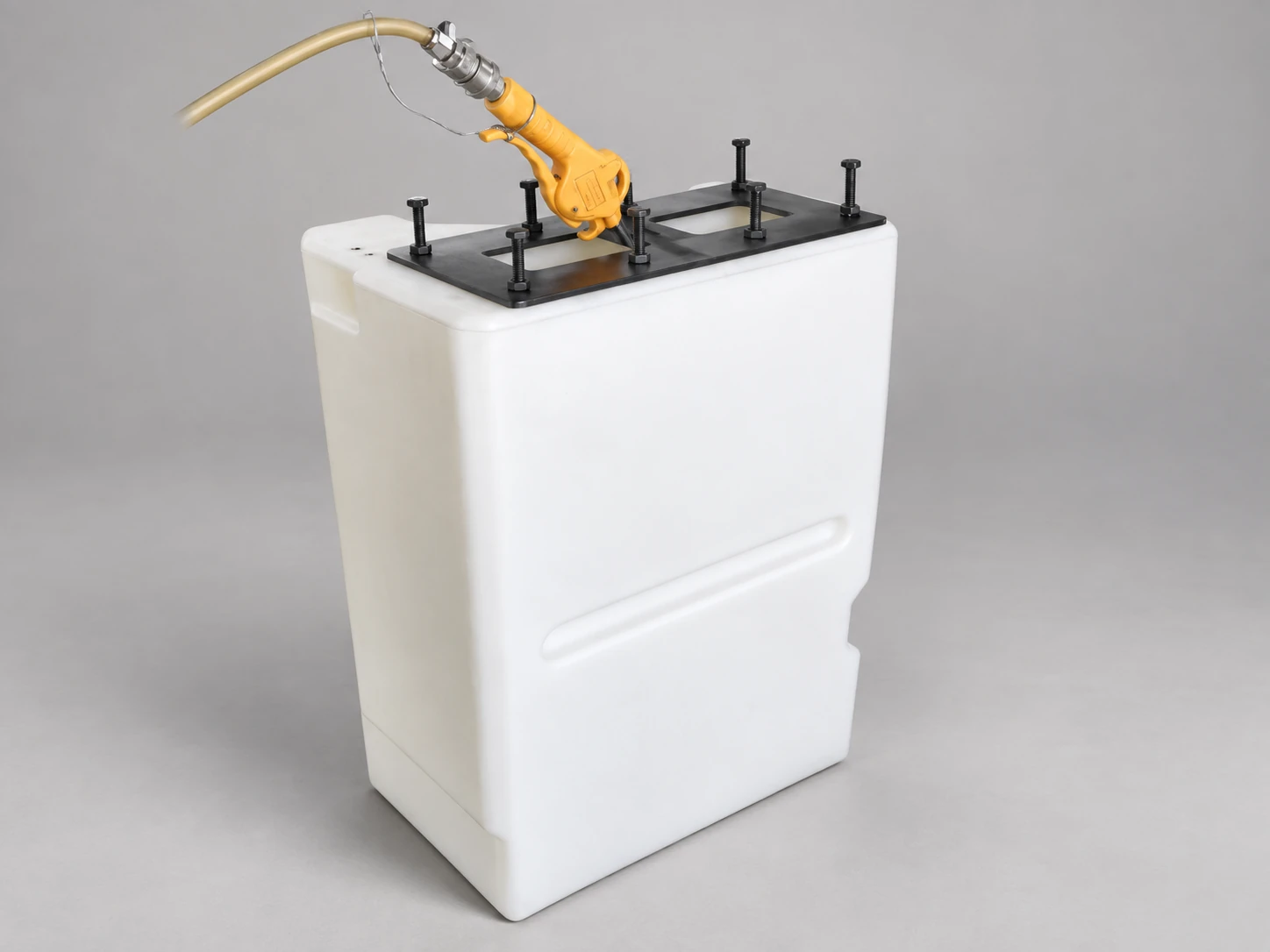 White hydraulic tank with inserts and fittings
